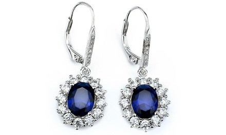 Halo Sapphire Leverback Earrings in 18K White Gold Plating