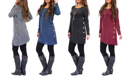 Women's Asymmetrical Hem Hacci Tunic with Fashion Buttons. Plus Sizes Available.