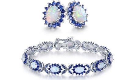 Fire Opal and Blue Sapphire Earrings and Bracelet Gift Set