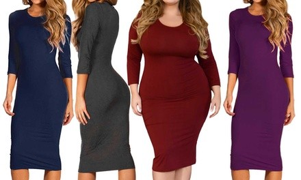 Style Clad Women's 3/4 Sleeve Bodycon Dress. Plus Sizes Available. 