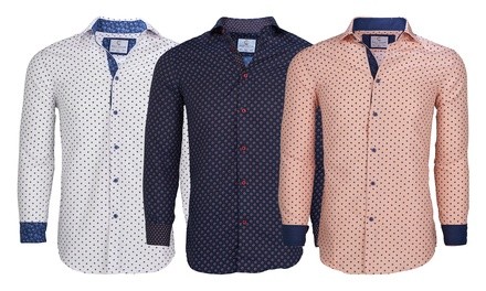 Suslo Couture Men's Semi-Slim Fit Polka Dot Long Sleeve Button-Down Shirt (S-3XL)