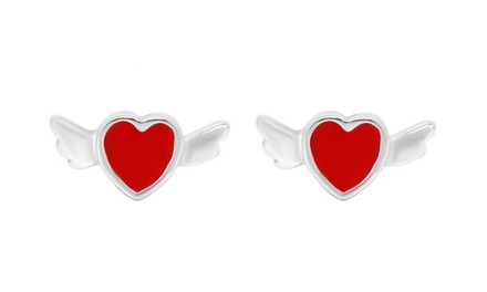 Children's Sterling Silver Angel Wing Heart Stud Earrings