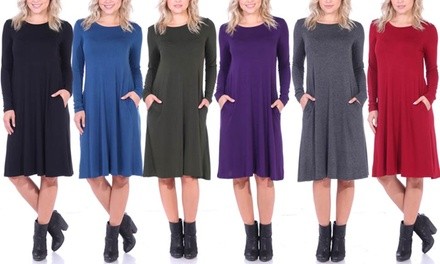 Women's Below-the-Knee Long-Sleeve Swing Dress with Pockets