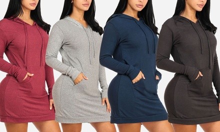 Women's Long Sleeve Hooded Kangaroo Mini Sweater Dress