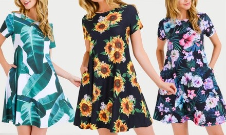 Style Clad Women's Printed Flare Dress with Pockets. Plus Sizes Available.