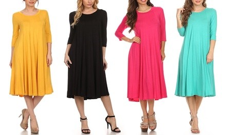 MOA Collection Women's 3/4 Sleeve Loose Fit A-Line Midi Dress. Plus Sizes Available.