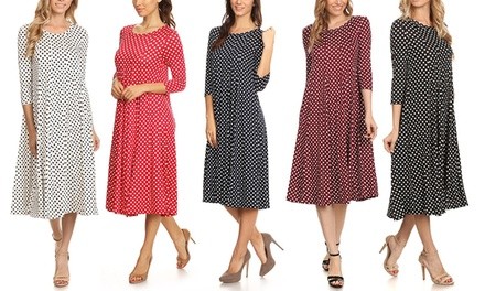 MOA Collection Women's Polka Dot Casual 3/4 Sleeve A-Line Midi Dress. Plus Sizes Available.