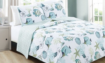 Coastal-Theme Reversible Printed Quilt Set (2- or 3-Piece)