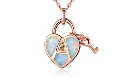 Fire Opal Heart Lock and Key Necklace in 18K Rose Gold Plating by Peermont
