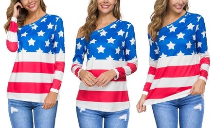 Leo Rosi Women's American Flag Off-Shoulder Long Sleeve Top 