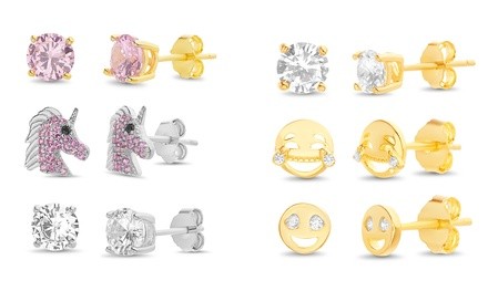 Small Wonders Childrens Novelty 3-Pair Earring Stud Sets in Sterling Silver