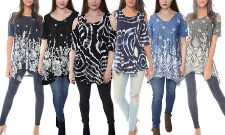 Women's Cold Shoulder Spring Printed Tunic Top. Plus Sizes Available.