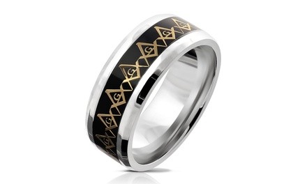 Men's Stainless Steel Ring with Repeating Masonic Compass Logo