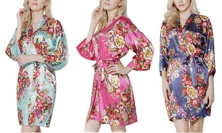 Pretty Bash Women's Floral Satin Robe in Regular and Plus Sizes