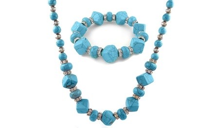 Genuine Turquoise and Swarovski Crystal Necklace and Bracelet Set (2-Piece)
