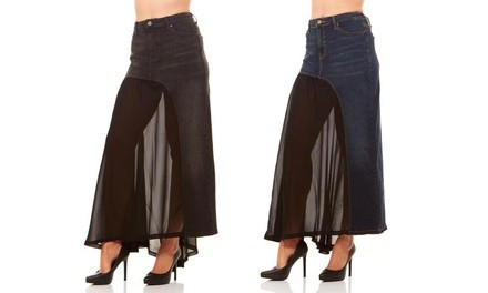 Red Jeans NYC Women's Long Chiffon Denim Split Maxi Skirt. Plus Sizes Available.