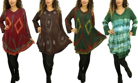 Women's Long Sleeves Tie-Dye Tunic. Plus Size Available.