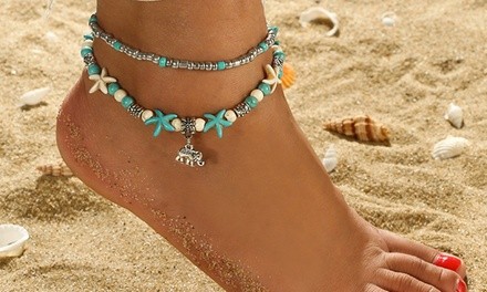 Boho Green Star Beads Elephant Anklet for Women Girl Layered Pendant Anklet