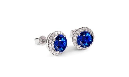 3.00 CTTW Sapphire Halo Sterling Silver Studs by Valencia Gems