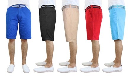 Men's Slim Fit Flat Front Belted Cotton Shorts (2-Pack). Multiple Options Available.