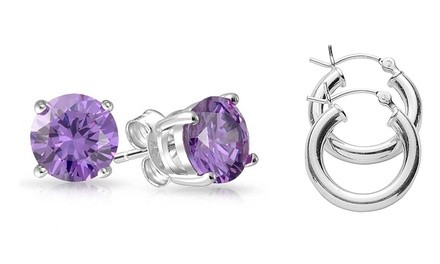 Genuine Gemstone Amethyst Studs and Polished Hoop Earrings Set by Gemma Luna (2-Pack)