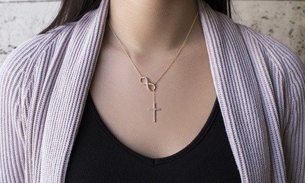 Diamond Accent Infinity and Cross Y-Necklace in 14K Gold over Silver by Diamante 