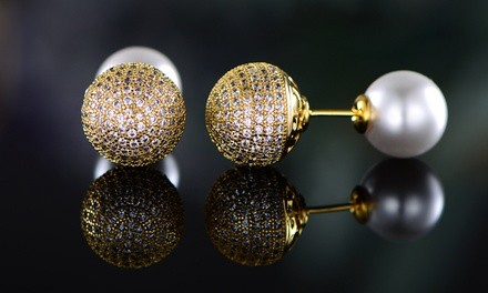 18K Gold Plated Pearl and Swarovski Crystal Ball Front-Back Earrings by Peermont