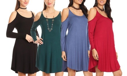 Nelly Women's Long Sleeve Cold Shoulder Dress. Plus Sizes Available.