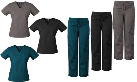 Medgear Women's 4-Pocket Top and Multi-Pocket Pants Scrub Set. Plus Sizes Available.