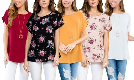 Riah Fashion Women's Roll-Up Sleeve Blouse. Plus Sizes Available.