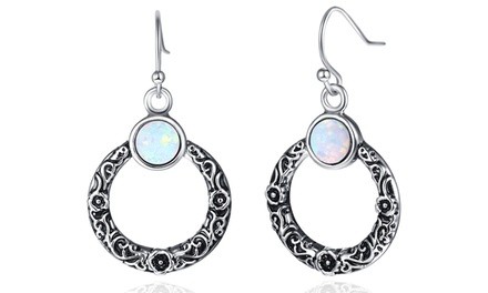 White Fire Opal Rhodium Plated Drop Earrings by Gembassy