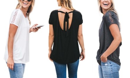 Reflection Women's Crochet-Shoulder Tie-Back Tee. Plus Sizes Available.