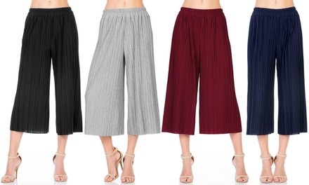 FACA Women's Elastic-Waist Accordion-Pleated Wide-Culotte Capri Pants