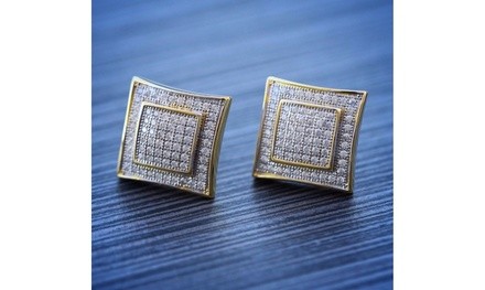 Men's 14k Gold & Sterling Silver Large Square Lab Diamond Screw Back Earrings 