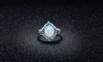 Opal and Aquamarine Ring in 18K White Gold Plating by Valencia Gems