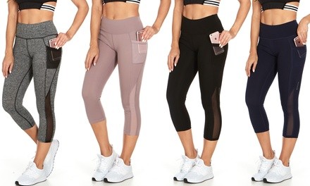 TRAQ65 Women's Tummy Control Mesh Panel Active Capri Leggings with Phone Pocket. Plus Sizes Available.