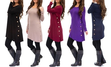 Women's Asymmetrical Hem Tunic with Fashion Buttons. Plus Sizes Available.