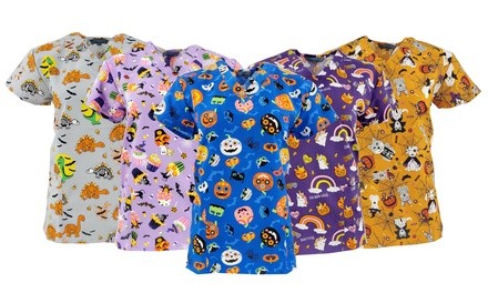 Women's Halloween-Themed Medical Scrub Tops. Plus Sizes Available 