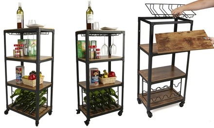 Mind Reader 4-Tier Wooden and Metal Cart with Wine Rack