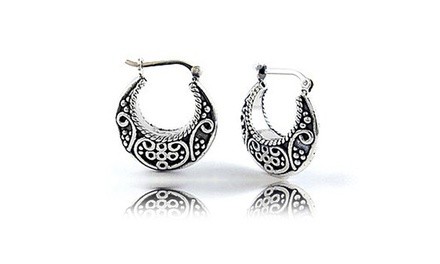 Sterling Silver Oxidized Basket Hoop Earrings by Verona