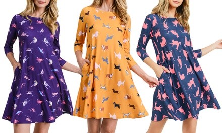 Style Clad Women's Dog, Cat, or Birds Retro Print Dress. Plus Sizes Available