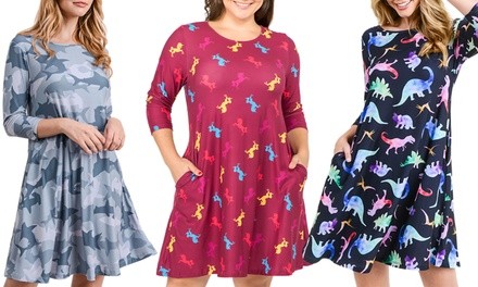 Style Clad Women's 3/4-Sleeve Shark, Dinosaur, or Unicorn Dress. Plus Sizes Available.