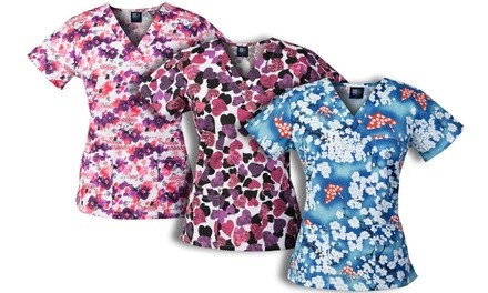  Medgear Women's Printed 4-Pocket V-Neck Scrub Tops. Plus Sizes Available (3-Pack) 