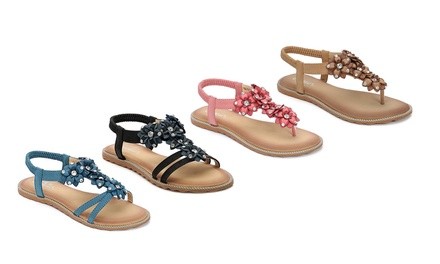 Siketu Women's Summer Beaded Flower Flat Sandals