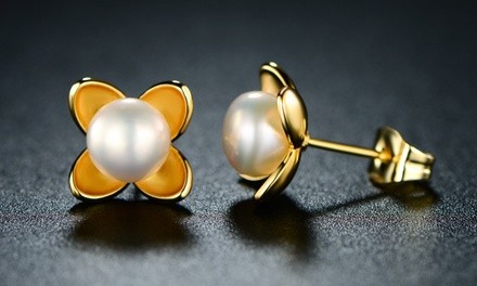 Cultured Freshwater Pearl Flower Stud Earrings By Peermont