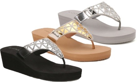 Clearance: Olivia Miller Pompano Mirror Hooded Wedge Sandals