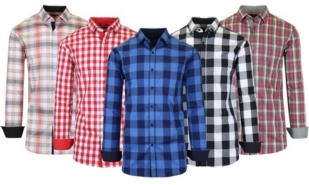 Galaxy by Harvic Men's Long Sleeve Stretch Slim-Fit Plaid Dress Shirts (S-2XL)