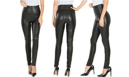 Faux Leather High-Waist Foldover Tummy Control Leggings