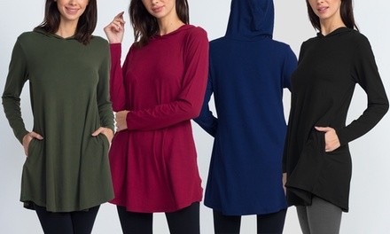 Style Clad Women's Hooded Long Sleeve Tunic Top with Pockets 