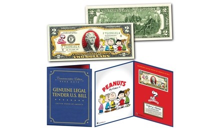 Peanuts Charlie Brown & Gang U.S. Two-Dollar Bill in Large Collector's Display 